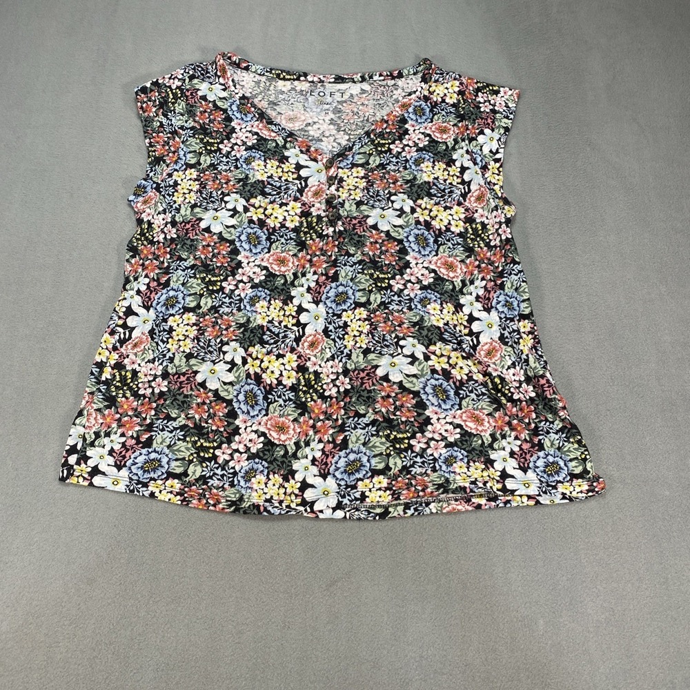 Loft Linen Women's Medium V-Neck Shirt Floral 1/4 Button Short Sleeve 100% Linen